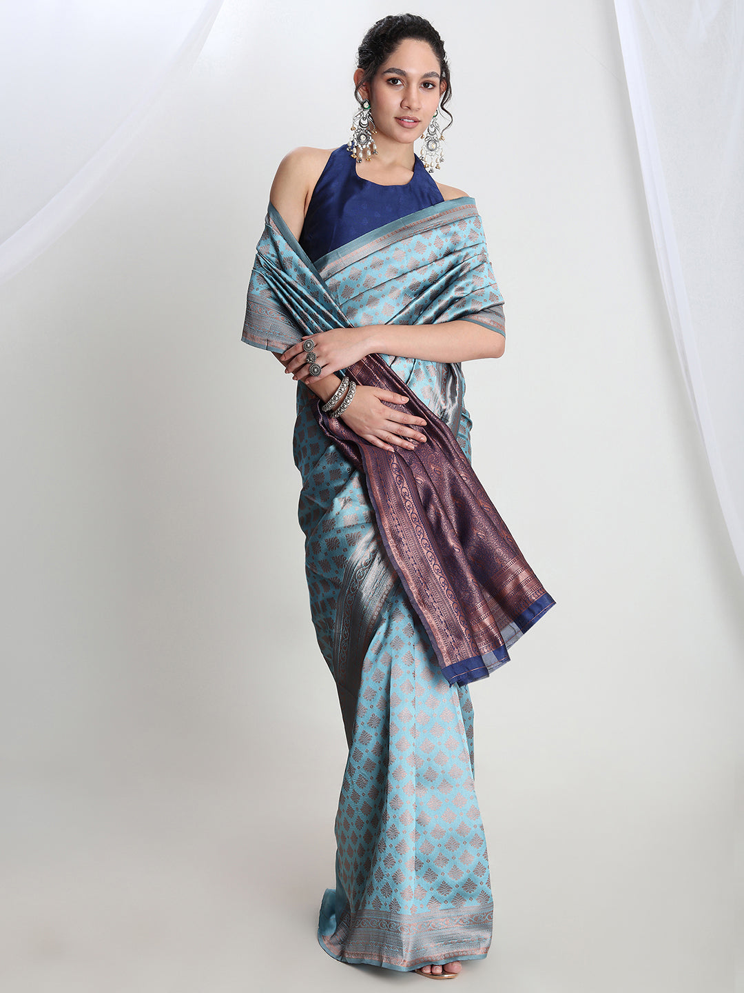 Janasya Light Blue Silk Blend Ethnic Motifs Jacquard Saree | Grocsy