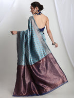 Janasya Light Blue Silk Blend Ethnic Motifs Jacquard Saree | Grocsy