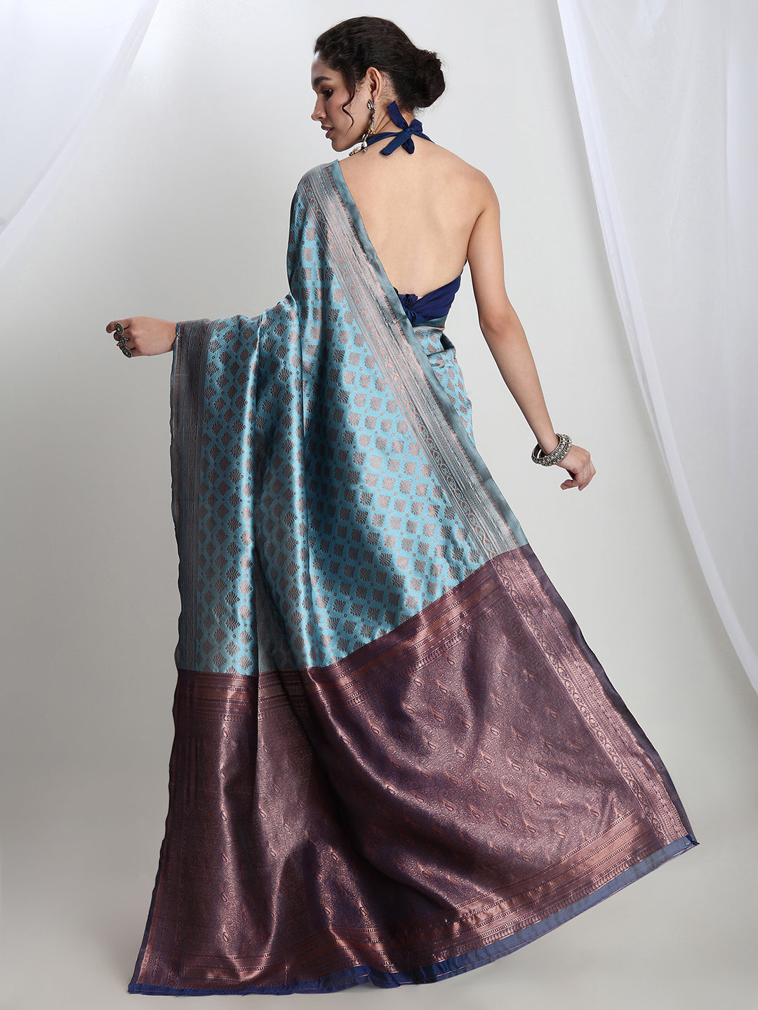 Janasya Light Blue Silk Blend Ethnic Motifs Jacquard Saree | Grocsy