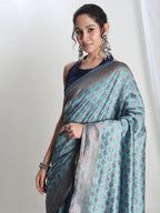 Janasya Light Blue Silk Blend Ethnic Motifs Jacquard Saree | Grocsy