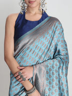 Janasya Light Blue Silk Blend Ethnic Motifs Jacquard Saree | Grocsy