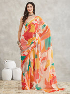 Janasya Multicolor Georgette Abstract Printed Saree | Grocsy
