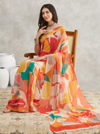 Janasya Multicolor Georgette Abstract Printed Saree | Grocsy