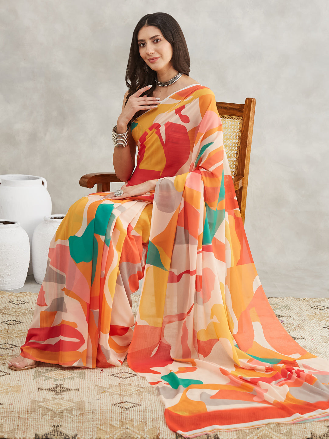 Janasya Multicolor Georgette Abstract Printed Saree | Grocsy