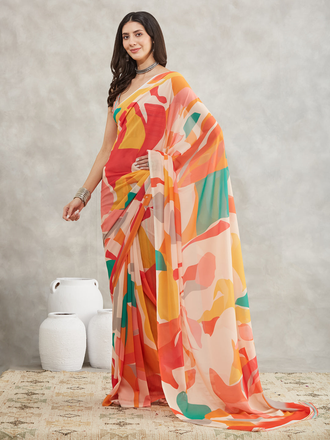 Janasya Multicolor Georgette Abstract Printed Saree | Grocsy