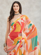 Janasya Multicolor Georgette Abstract Printed Saree | Grocsy