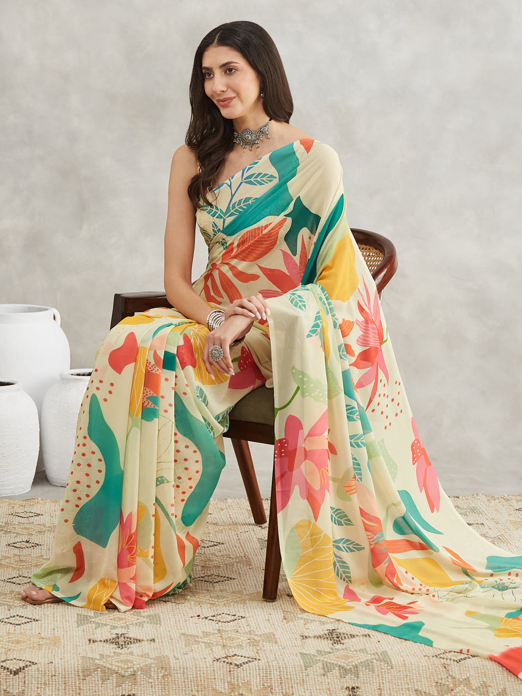 Janasya Multicolor Georgette Tropical Printed Saree | Grocsy