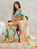 Janasya Multicolor Georgette Tropical Printed Saree | Grocsy