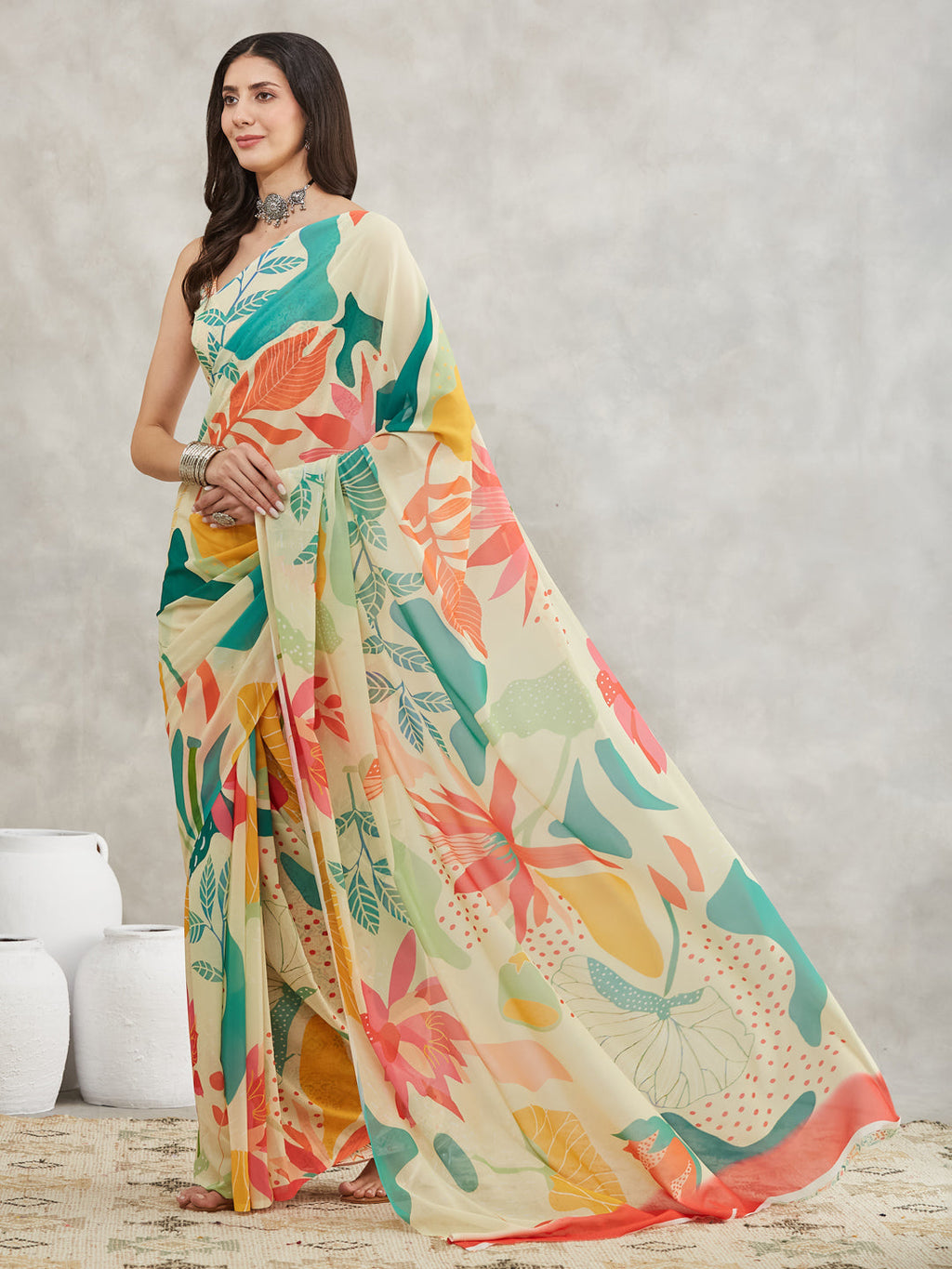 Janasya Multicolor Georgette Tropical Printed Saree | Grocsy