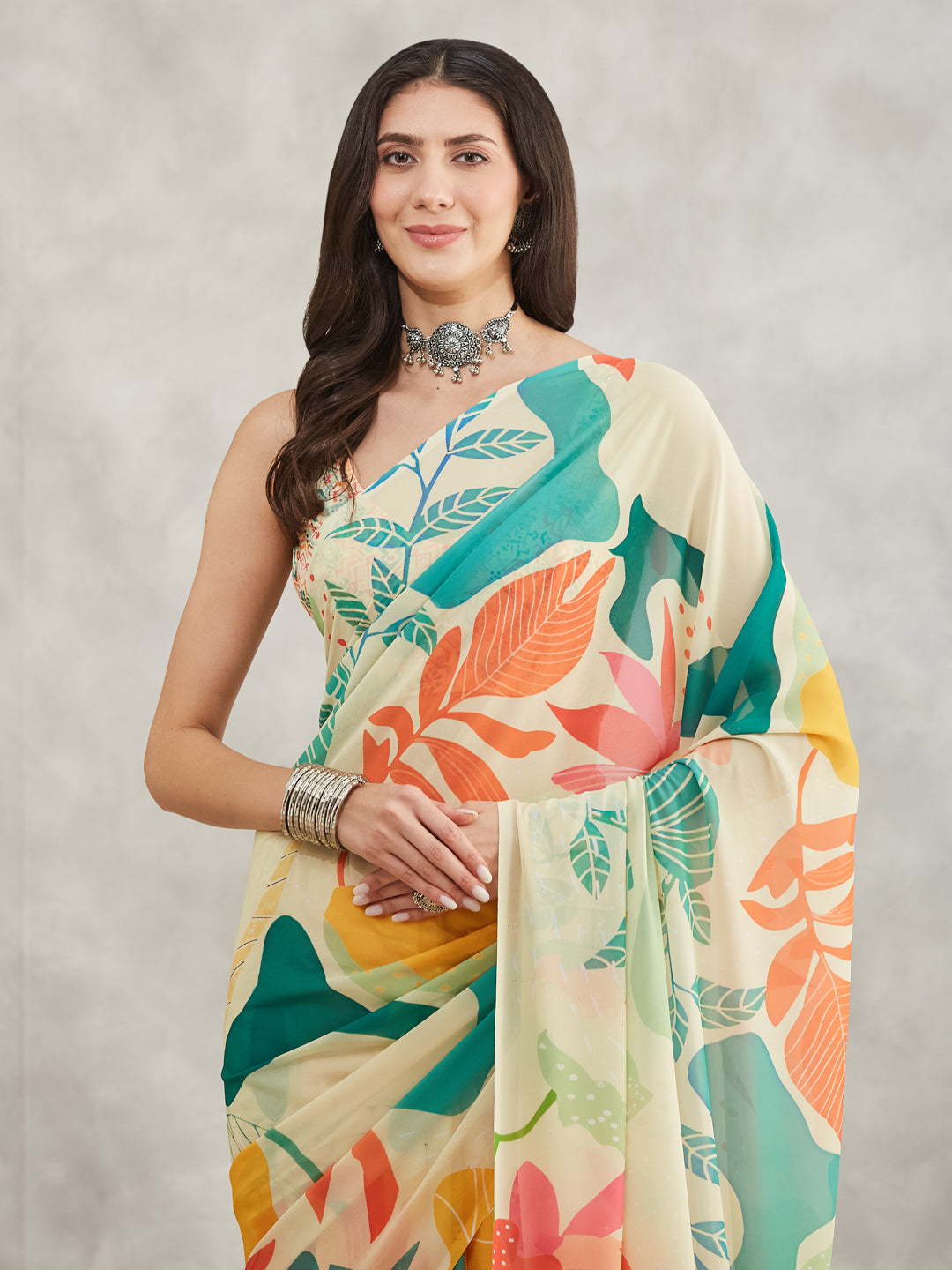 Janasya Multicolor Georgette Tropical Printed Saree | Grocsy