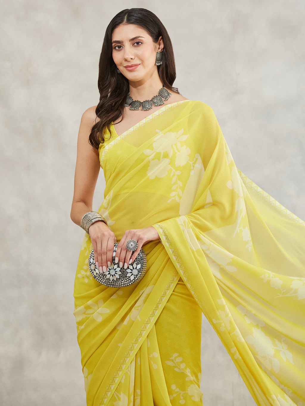 Janasya Lime Yellow Georgette Floral Printed Saree | Grocsy