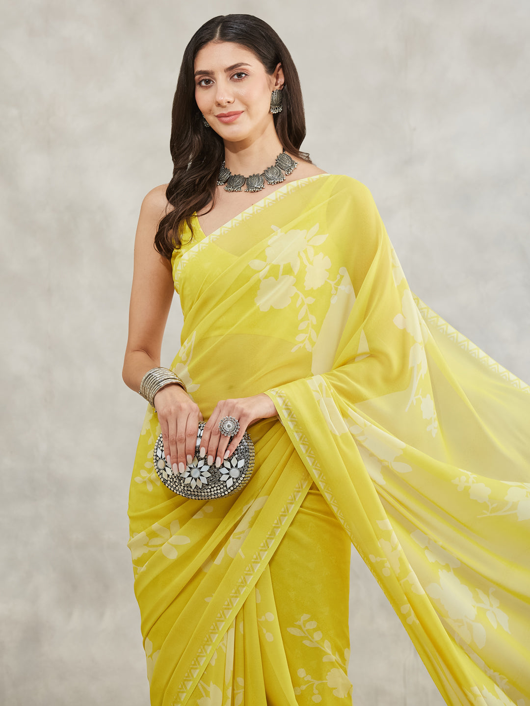 Janasya Lime Yellow Georgette Floral Printed Saree | Grocsy