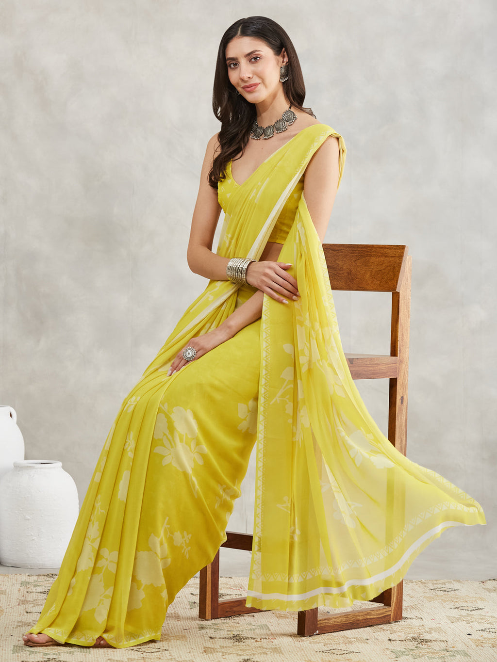 Janasya Lime Yellow Georgette Floral Printed Saree | Grocsy