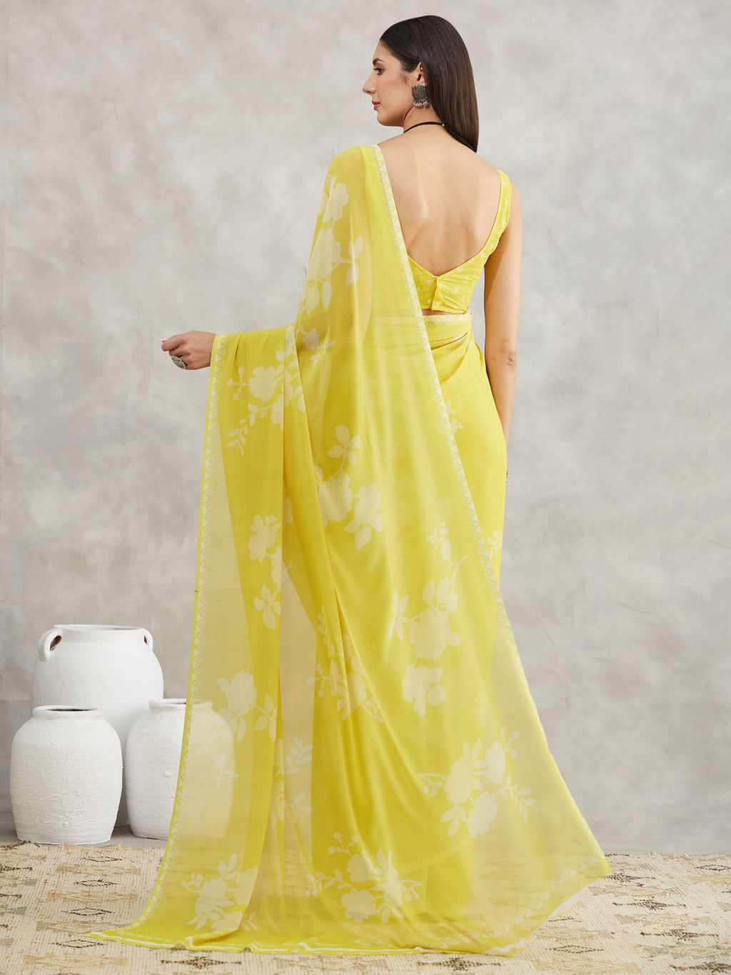 Janasya Lime Yellow Georgette Floral Printed Saree | Grocsy
