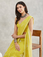 Janasya Lime Yellow Georgette Floral Printed Saree | Grocsy