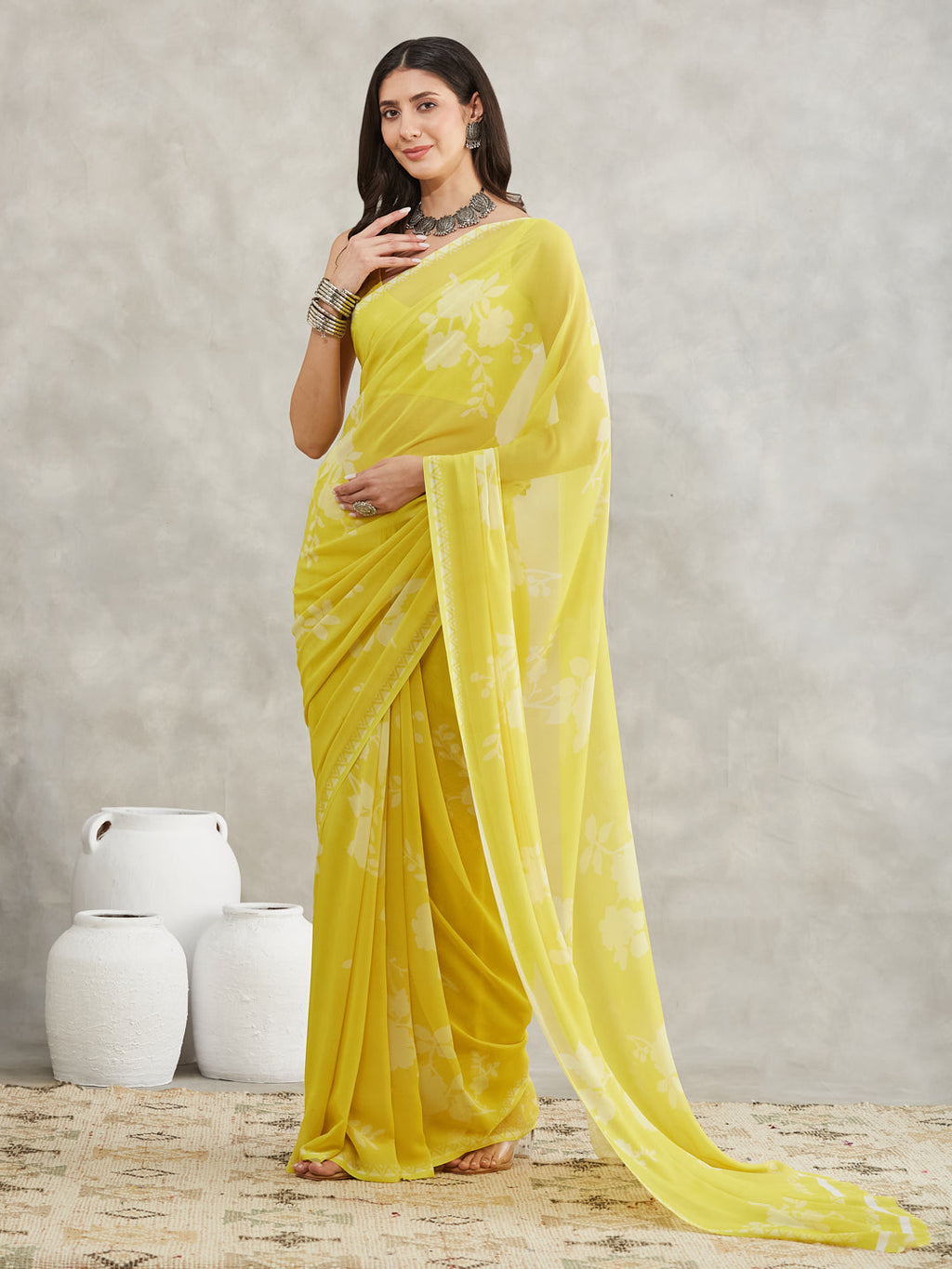 Janasya Lime Yellow Georgette Floral Printed Saree | Grocsy