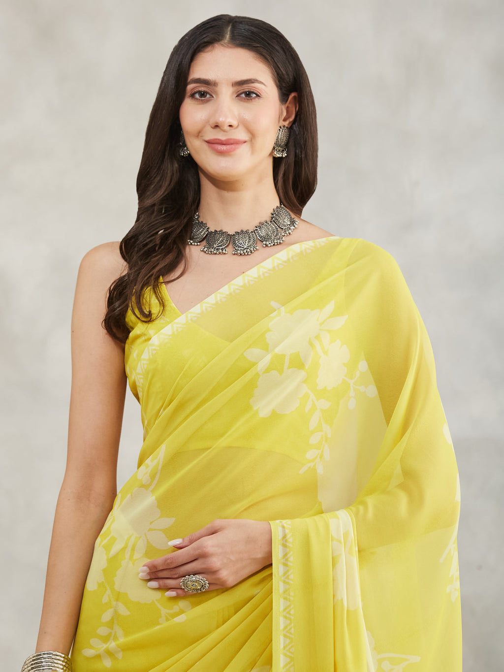 Janasya Lime Yellow Georgette Floral Printed Saree | Grocsy
