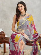 Janasya Grey Georgette Abstract Printed Saree | Grocsy