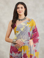 Janasya Grey Georgette Abstract Printed Saree | Grocsy