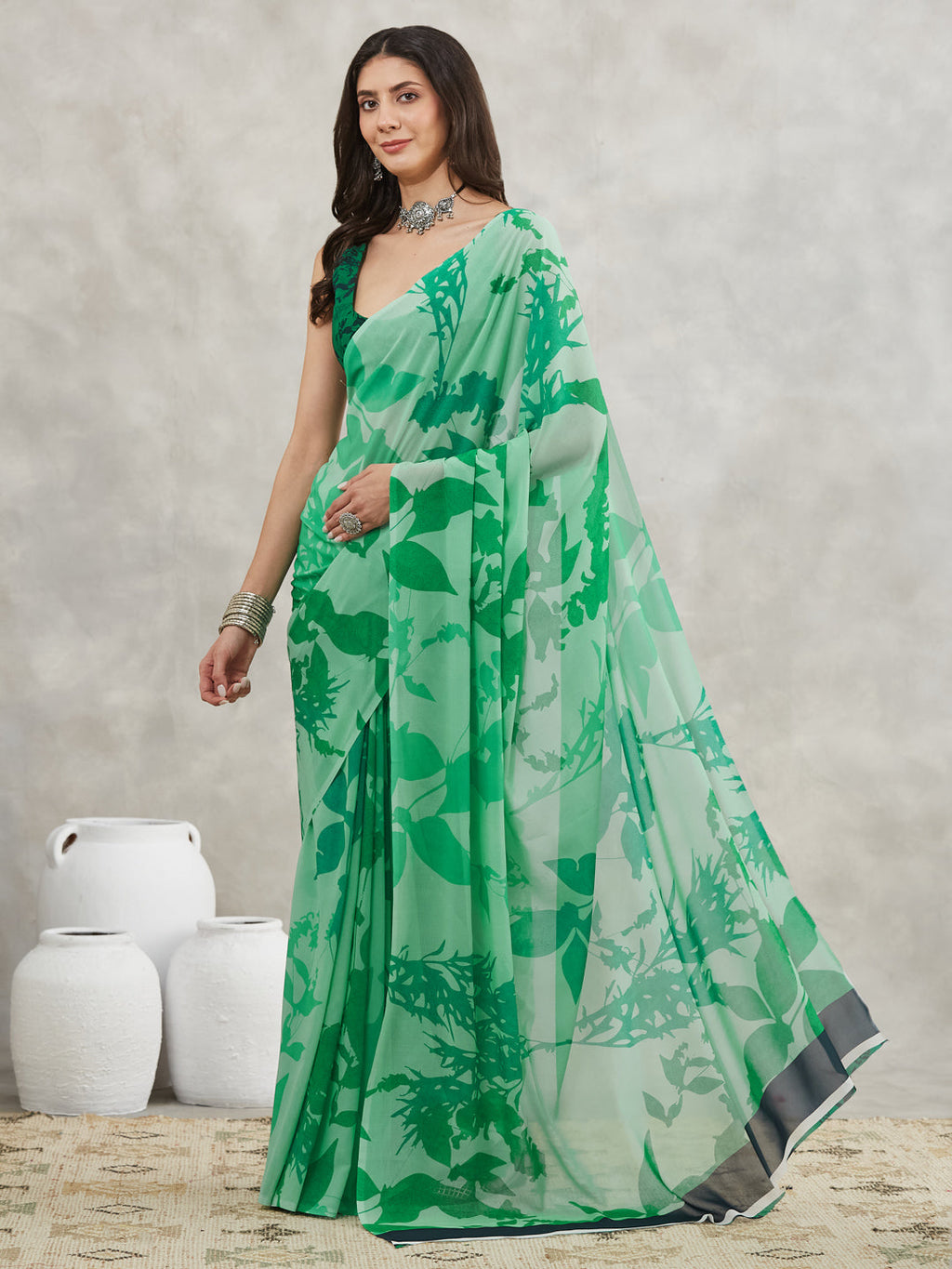 Janasya Green Georgette Abstract Printed Saree | Grocsy