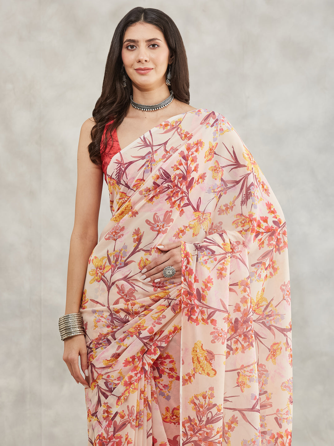 Janasya Cream Georgette Floral Printed Saree | Grocsy