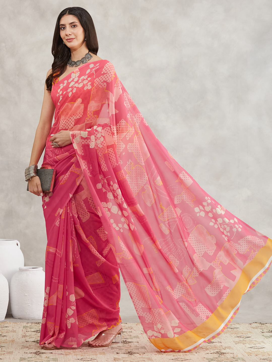 Janasya Pink Georgette Geometric Printed Saree | Grocsy