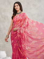 Janasya Pink Georgette Geometric Printed Saree | Grocsy