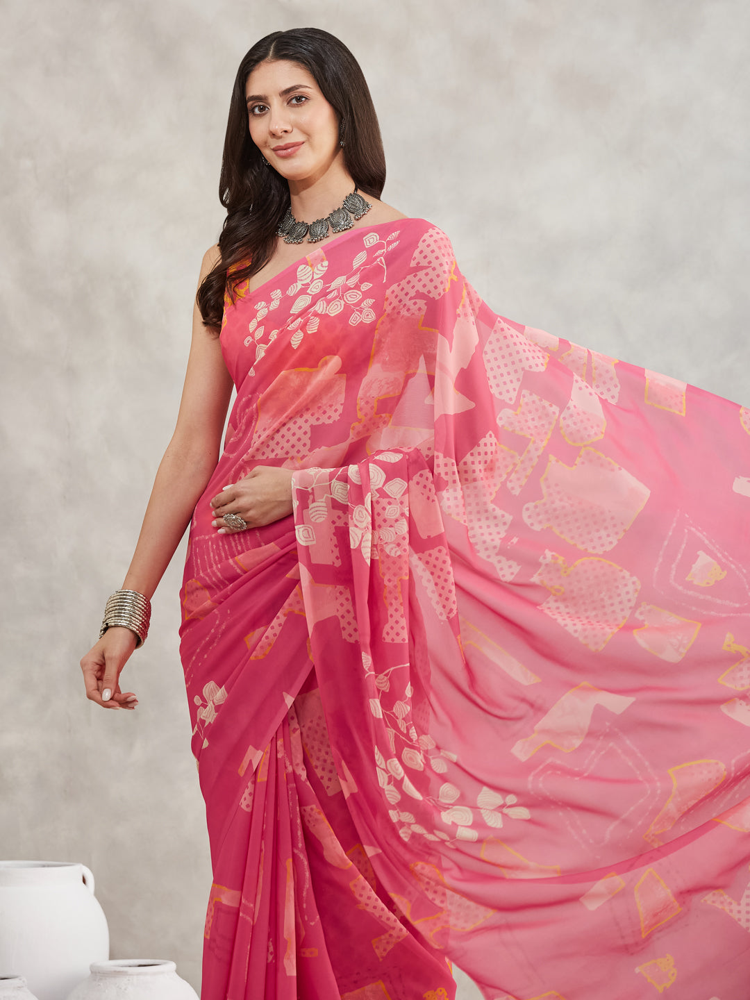 Janasya Pink Georgette Geometric Printed Saree | Grocsy