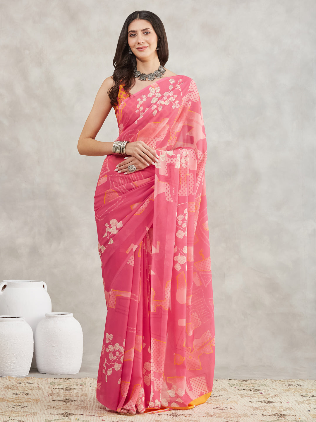 Janasya Pink Georgette Geometric Printed Saree | Grocsy