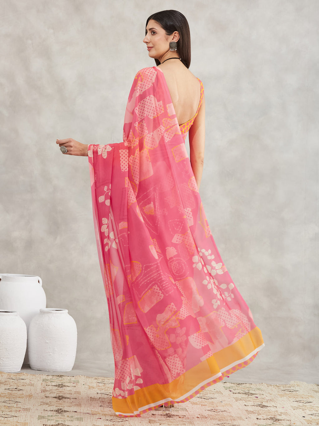 Janasya Pink Georgette Geometric Printed Saree | Grocsy