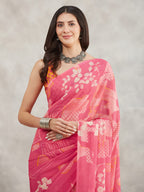 Janasya Pink Georgette Geometric Printed Saree | Grocsy