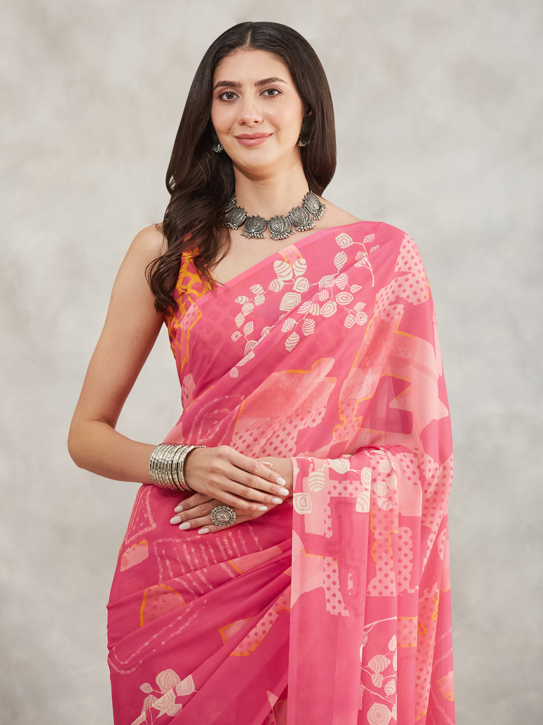 Janasya Pink Georgette Geometric Printed Saree | Grocsy