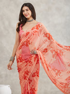 Janasya Peach Georgette Floral Printed Saree | Grocsy