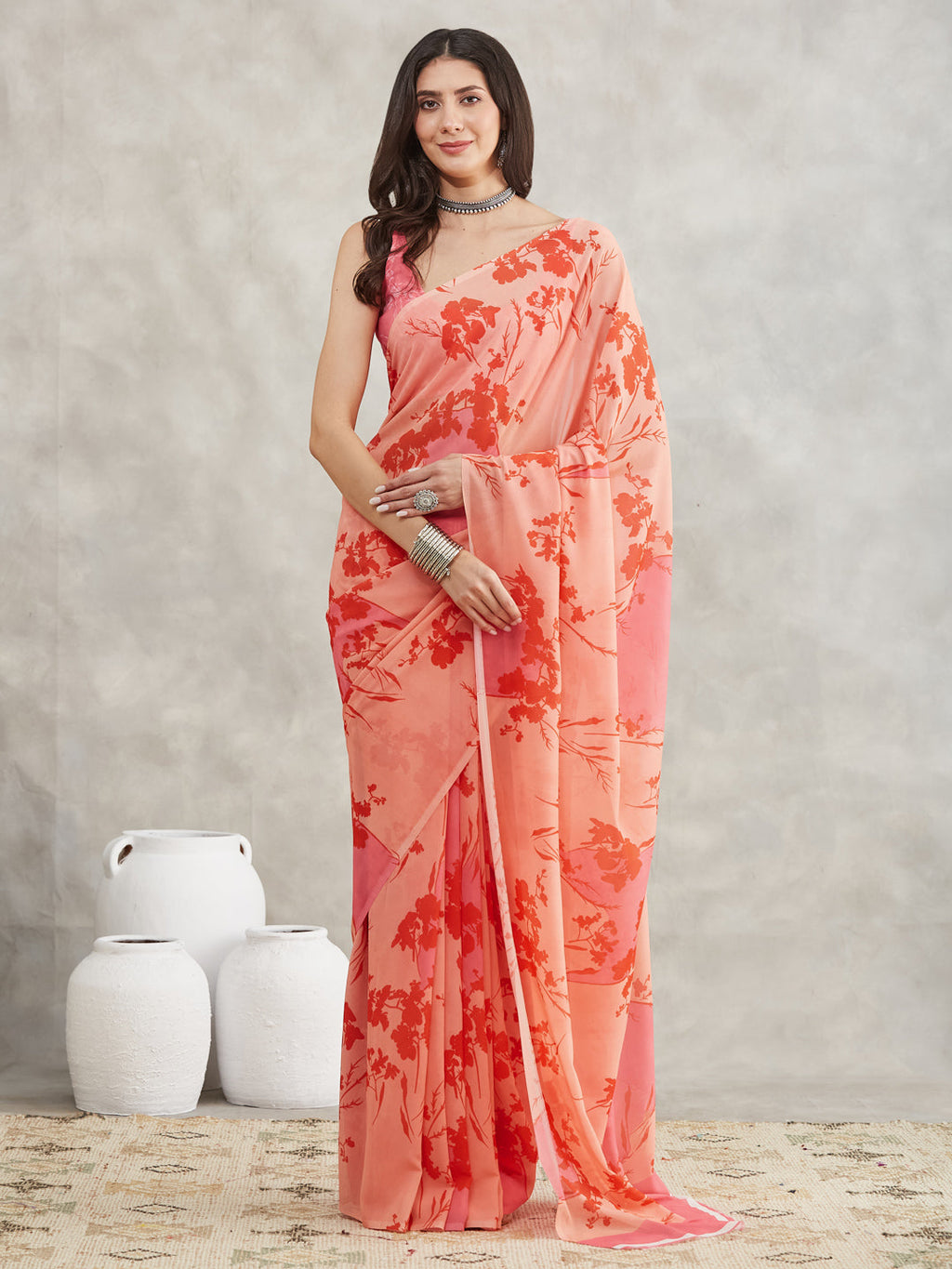 Janasya Peach Georgette Floral Printed Saree | Grocsy