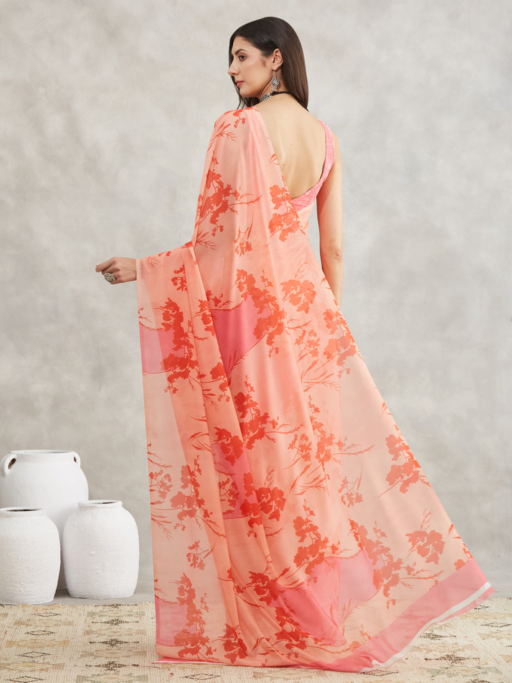 Janasya Peach Georgette Floral Printed Saree | Grocsy