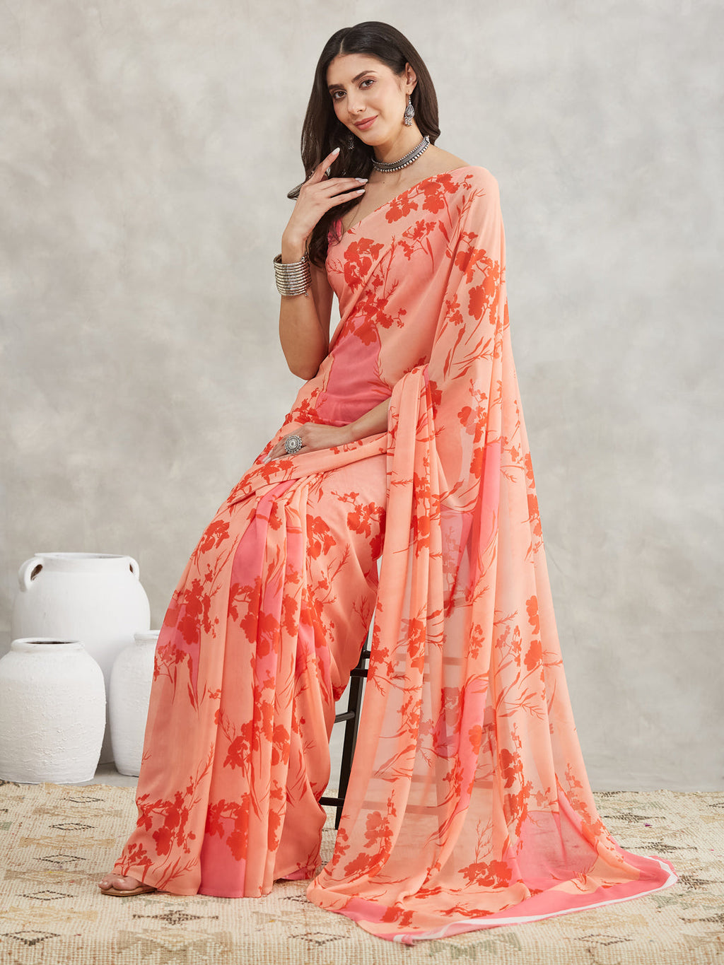 Janasya Peach Georgette Floral Printed Saree | Grocsy