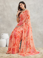 Janasya Peach Georgette Floral Printed Saree | Grocsy