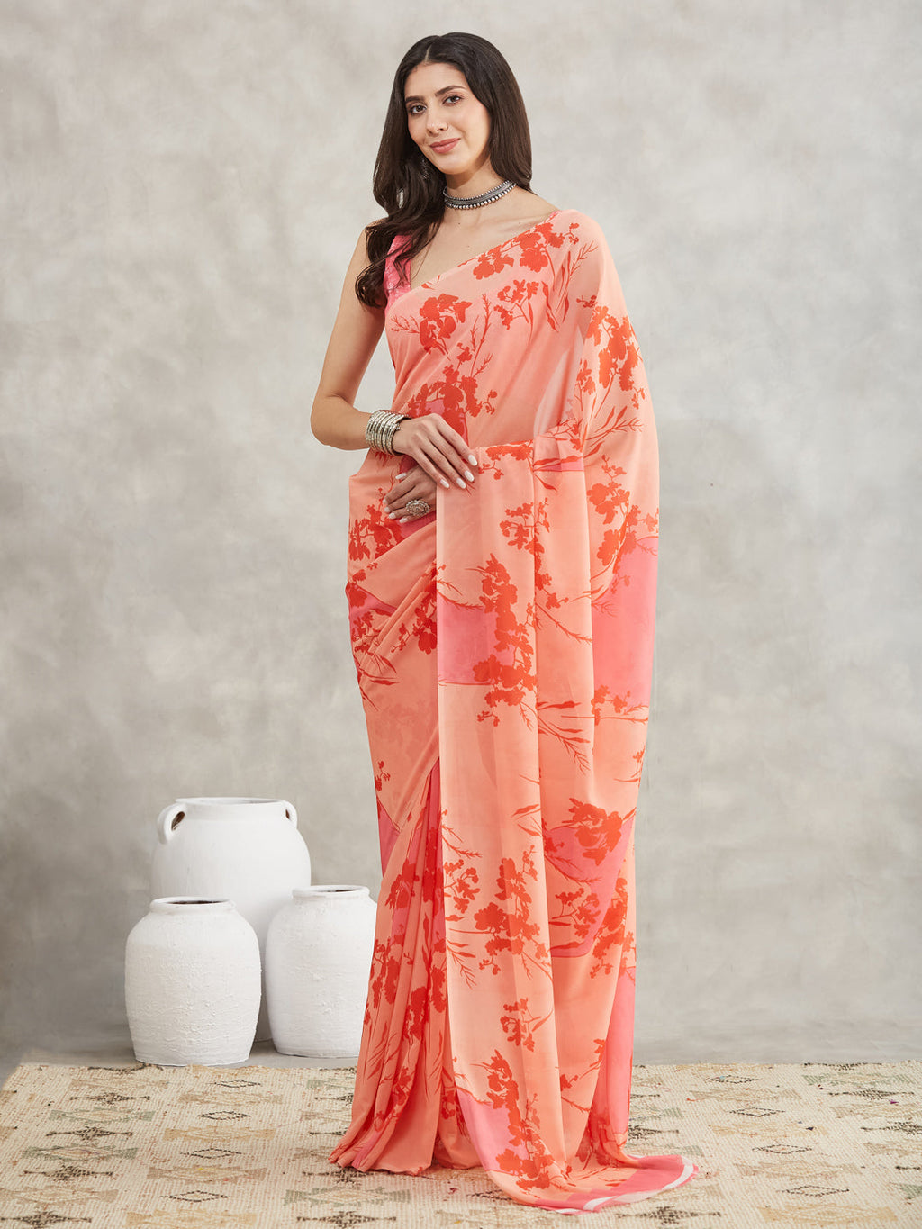 Janasya Peach Georgette Floral Printed Saree | Grocsy