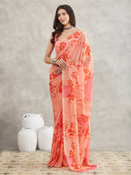 Janasya Peach Georgette Floral Printed Saree | Grocsy