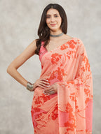 Janasya Peach Georgette Floral Printed Saree | Grocsy