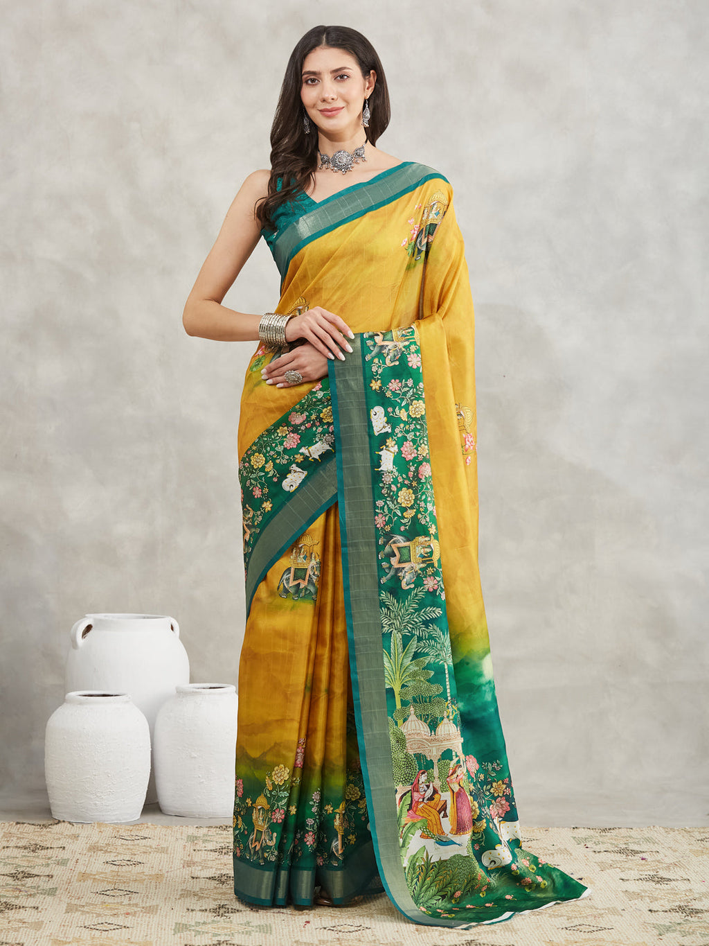 Janasya Mustard Silk Blend Ethnic Motifs Printed Saree | Grocsy