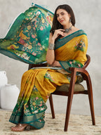 Janasya Mustard Silk Blend Ethnic Motifs Printed Saree | Grocsy