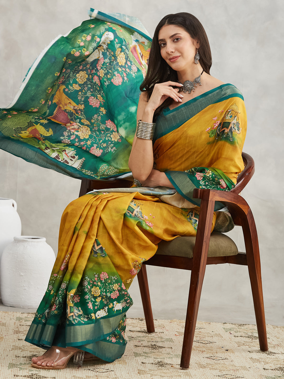 Janasya Mustard Silk Blend Ethnic Motifs Printed Saree | Grocsy