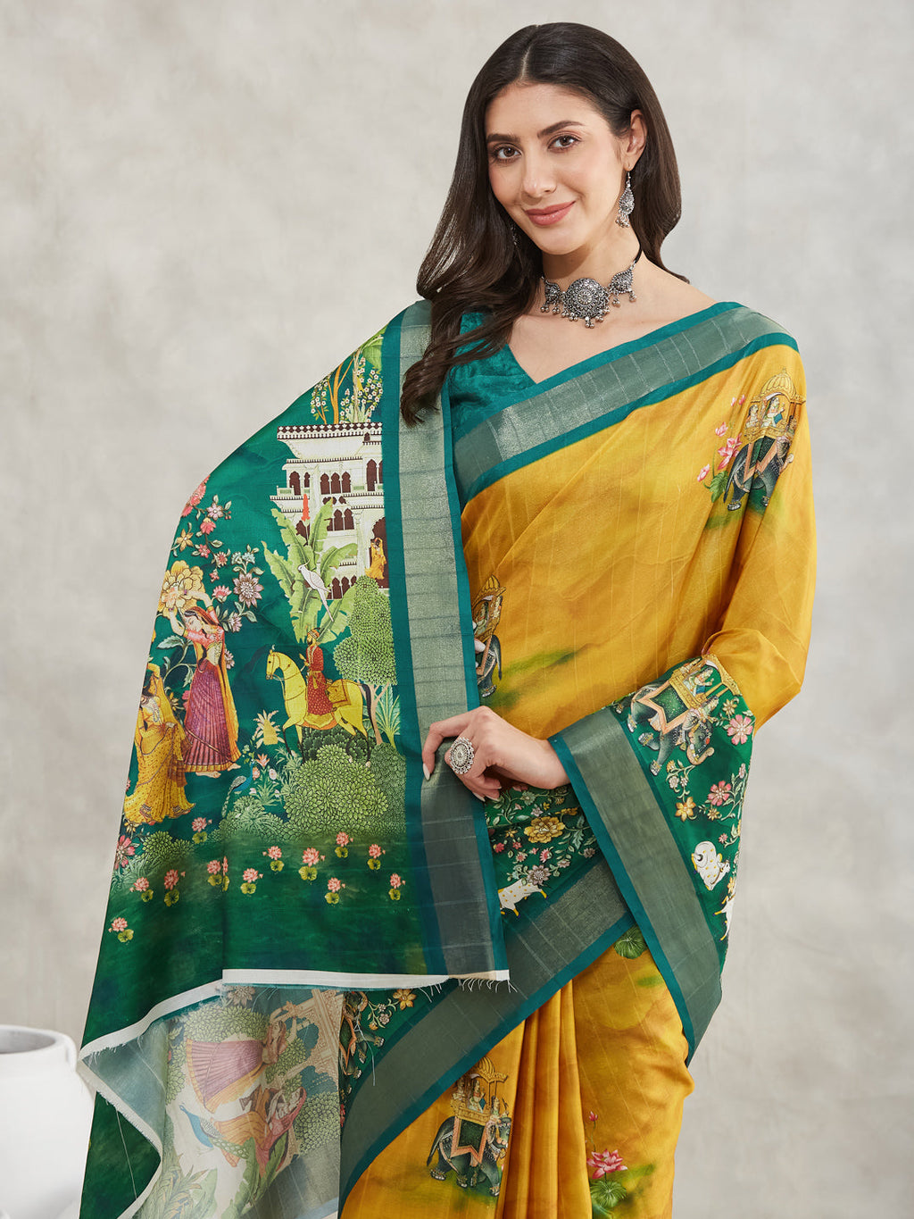 Janasya Mustard Silk Blend Ethnic Motifs Printed Saree | Grocsy