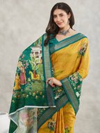 Janasya Mustard Silk Blend Ethnic Motifs Printed Saree | Grocsy