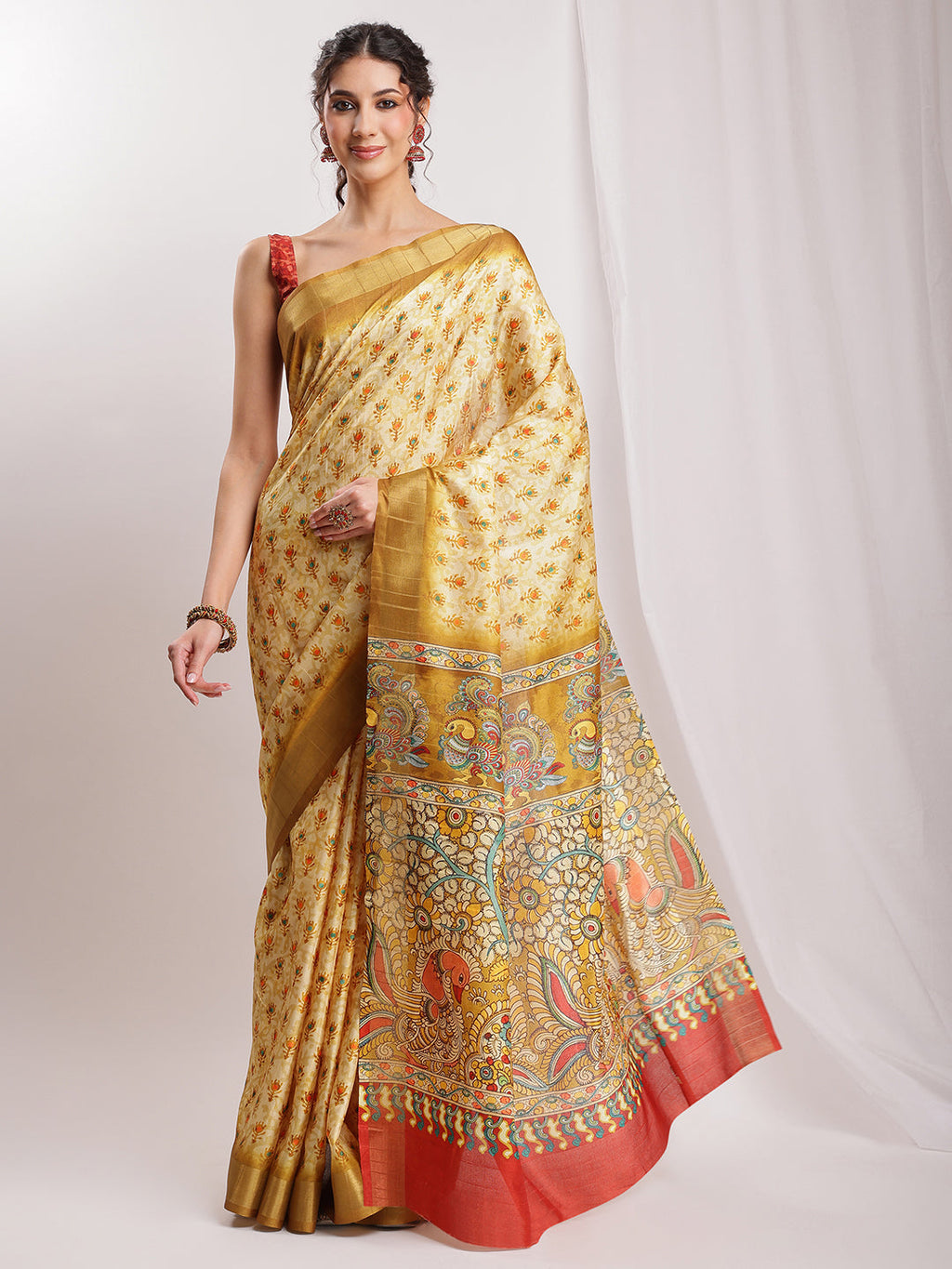 Janasya Olive Green Silk Blend Kalamkari Printed Saree | Grocsy