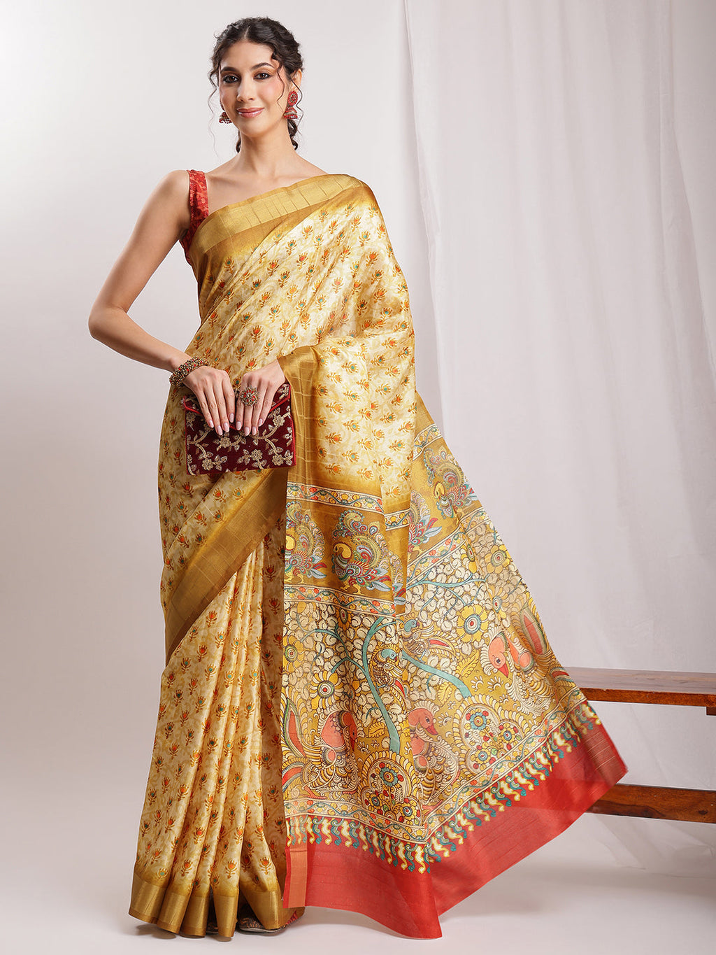 Janasya Olive Green Silk Blend Kalamkari Printed Saree | Grocsy