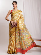 Janasya Olive Green Silk Blend Kalamkari Printed Saree | Grocsy