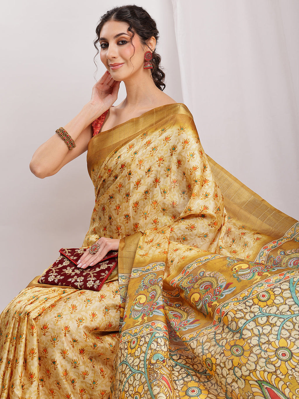 Janasya Olive Green Silk Blend Kalamkari Printed Saree | Grocsy