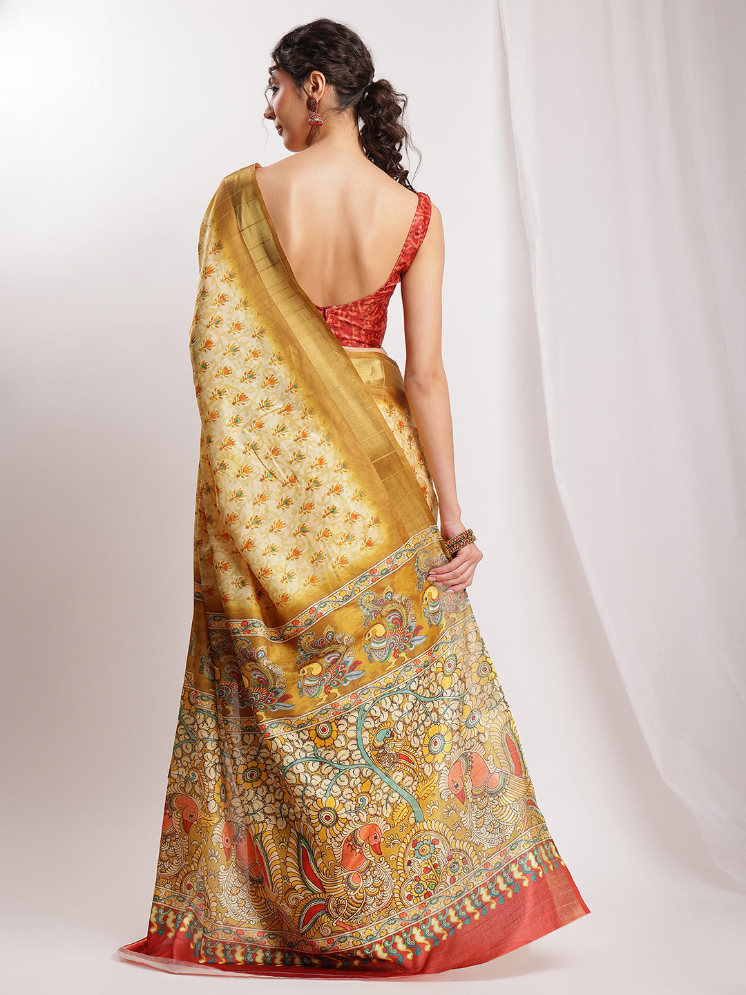 Janasya Olive Green Silk Blend Kalamkari Printed Saree | Grocsy